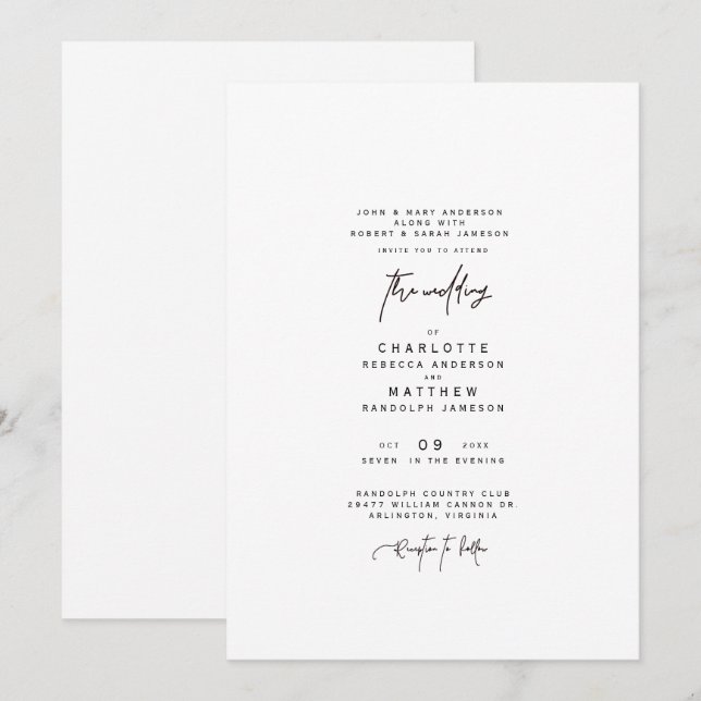 Convites Casamento Simples Moderno de Ambos os Pais (Frente/Verso)