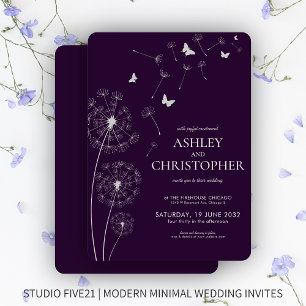 Convites Casamento Simples Moderno de Dandelion Roxo Escuro