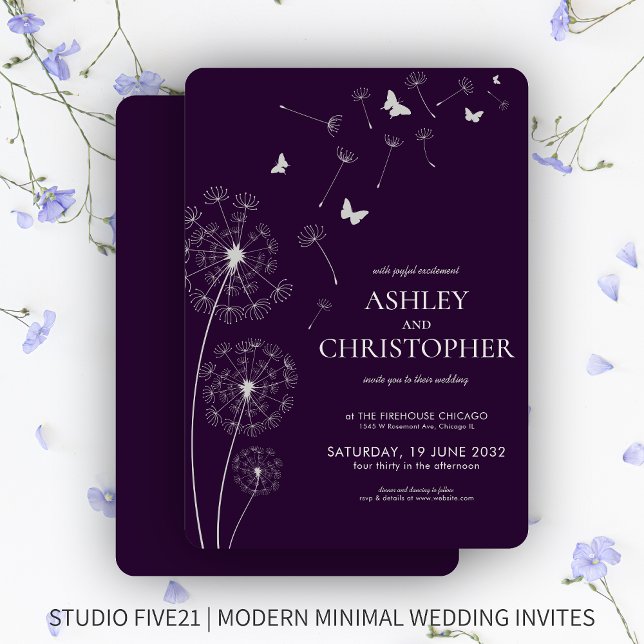 Convites Casamento Simples Moderno de Dandelion Roxo Escuro (Criador carregado)