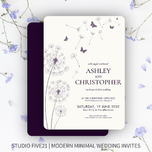Convites Casamento Simples Moderno de Dandelion Roxo Escuro
