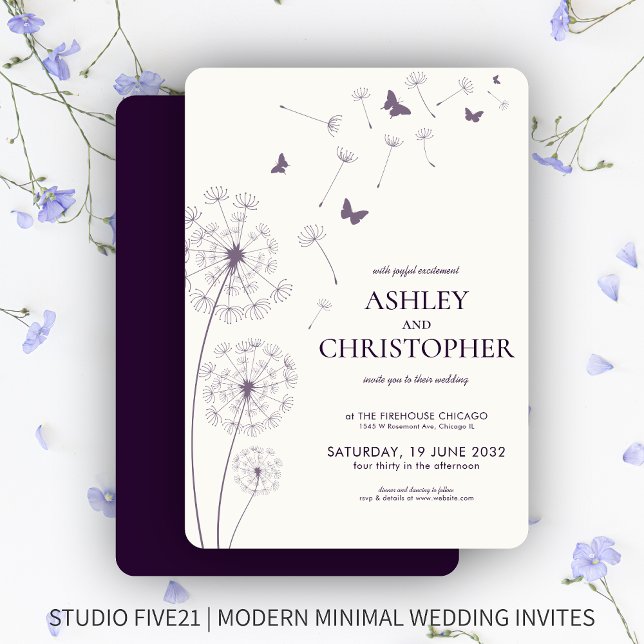 Convites Casamento Simples Moderno de Dandelion Roxo Escuro (Criador carregado)