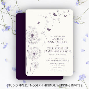 Convites Casamento Simples Moderno de Dandelion Roxo Escuro