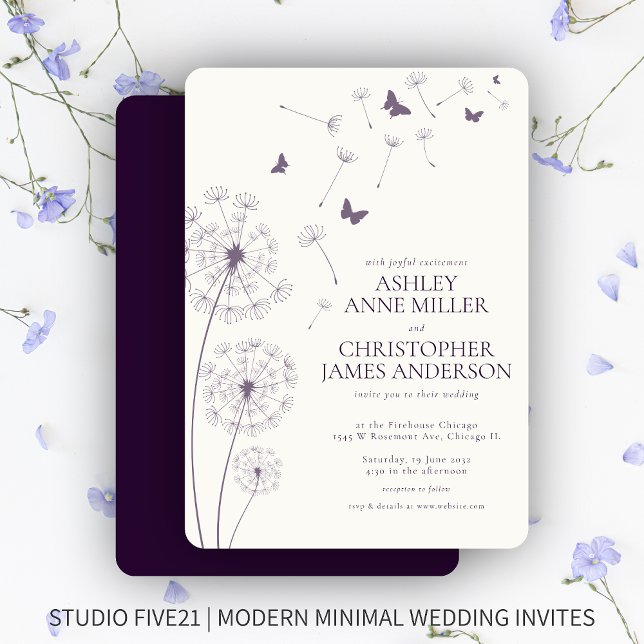 Convites Casamento Simples Moderno de Dandelion Roxo Escuro (Criador carregado)