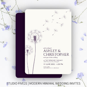 Convites Casamento Simples Moderno de Dandelion Roxo Escuro