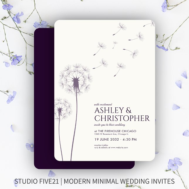 Convites Casamento Simples Moderno de Dandelion Roxo Escuro (Criador carregado)