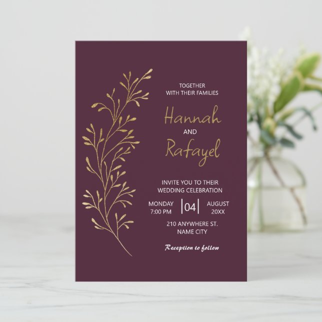 Convites Casamento Simples Moderno em Folha de Ouro Borgonh (Em pé/Frente)