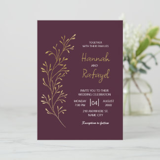 Convites Casamento Simples Moderno em Folha de Ouro Borgonh