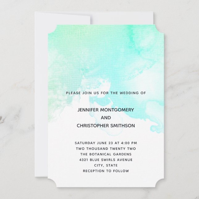 Convites Casamento Simples Moderno em Verde e Azul com Aqua (Frente)