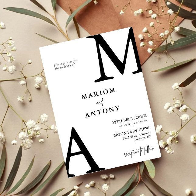 Convites Casamento Simples Moderno Minimalista Preto e Bran (Simple modern black and white invitation creates a clean elegant look for your wedding day
)