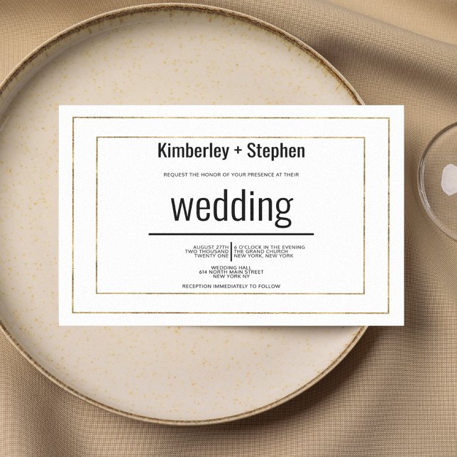 Convites Casamento simples moderno tipografia preto branco  (Simple modern black white gold typography wedding )