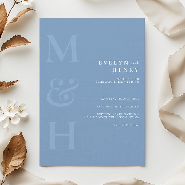 Convites Casamento Simples Monograma Azul Poeirento Minimal (Criador carregado)