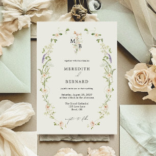 Convites Casamento Simples Monograma de Flor Silvestre Rúst