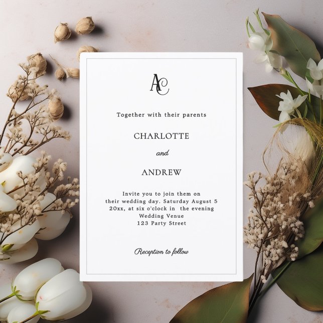 Convites Casamento simples monograma moderno preto branco (Criador carregado)