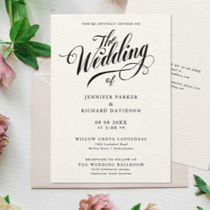 Convites Casamento Simples Na moda Negro E Caligrafia Branc
