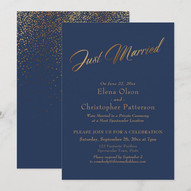 Convites Casamento Simples Navy & Dourado com Letreiro de C (Frente/Verso)