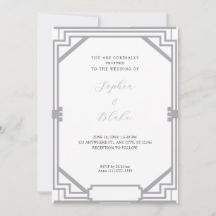 Convites Casamento Simples Prata e Branco em Arte Deco Vint