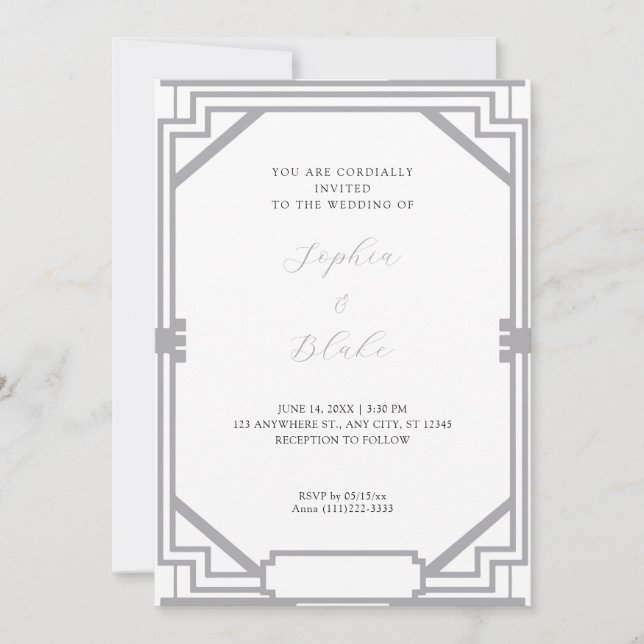 Convites Casamento Simples Prata e Branco em Arte Deco Vint (Frente)