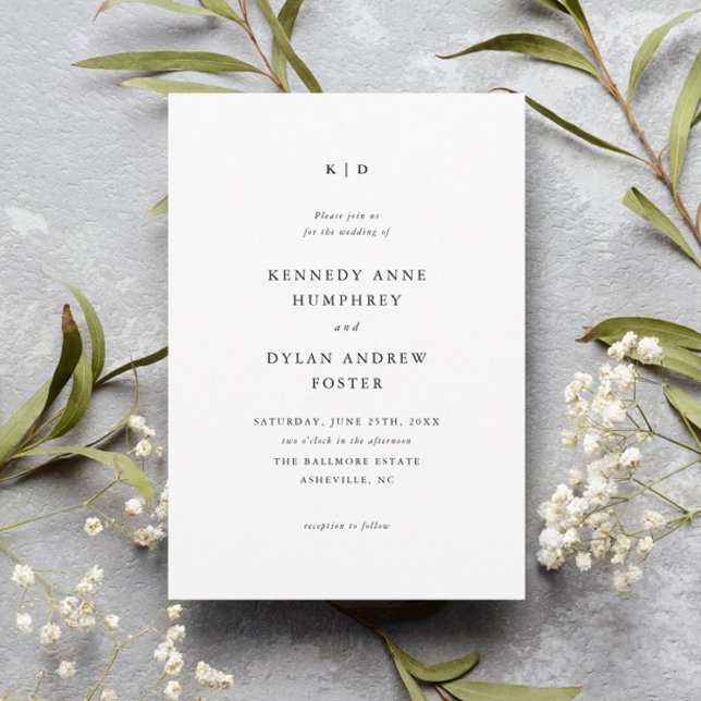 Convites Casamento Simples Preto e Branco Elegante (Simple black and white wedding invitation with classic monogram and minimalist typography.)