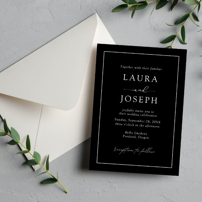 Convites Casamento Simples Preto e Branco Elegante Minimali (Black and white minimalist wedding invitation adds elegant charm with your personalized details)