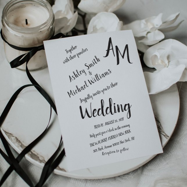 Convites Casamento Simples Preto e Branco Manuscrito Modern (Criador carregado)