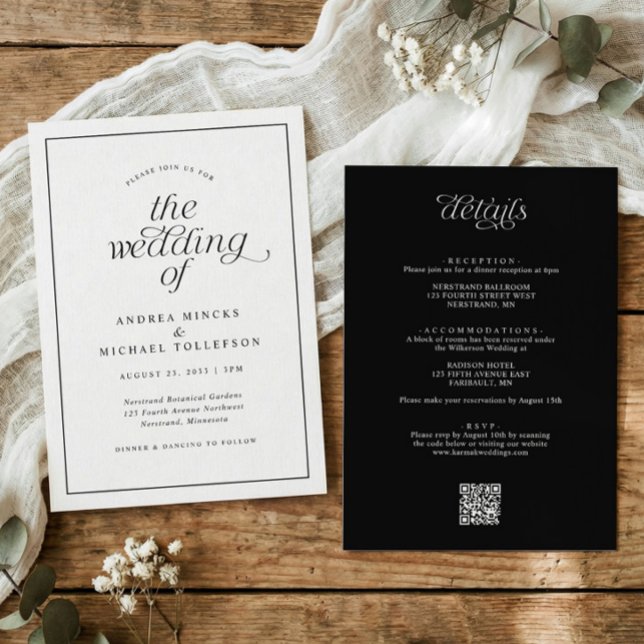 Convites Casamento Simples Preto e Branco Tudo em Um (Elegant black and white wedding invitation with calligraphy, simple border, and QR code.)