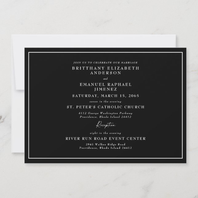 Convites Casamento Simples Preto Sem Pais Listados (Frente)
