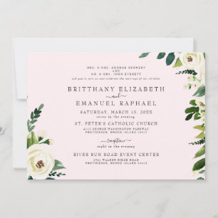 Convites Casamento Simples Rosa Floral Branca para Ambos os
