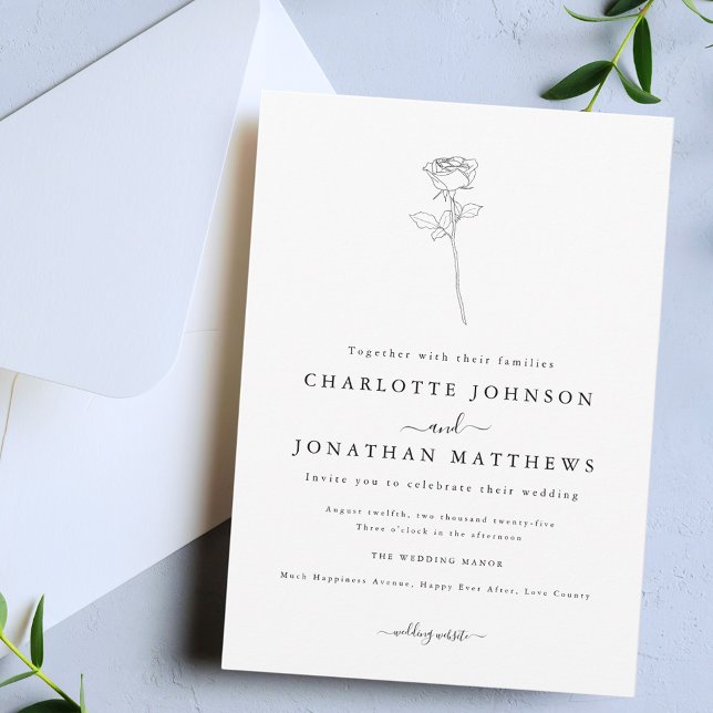 Convites Casamento Simples Rosa Minimalista (Simple single rose minimalist floral line art black and white wedding invitation)