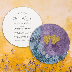 Convites Casamento Simples Único Corações Dourados Aquarela