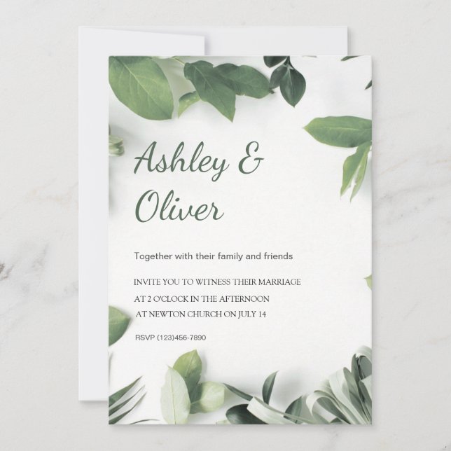 Convites Casamento Simples Verde Branco Folhas Verdejantes (Frente)