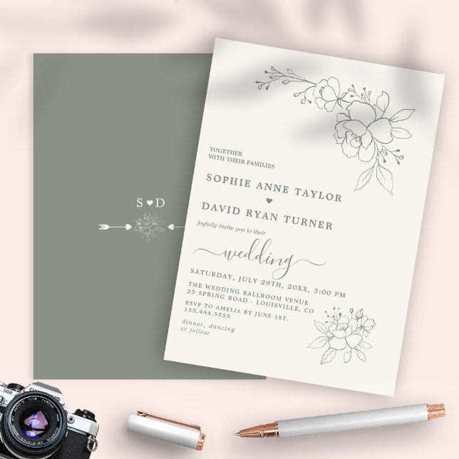 Convites Casamento Simples Verde de Boho Elegante Sage (elegant trendy modern sage green wedding, sage green wedding invitation, boho sage green invitation)