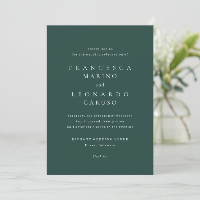 Convites Casamento Simples Verde Esmeralda Clássico (Em pé/Frente)