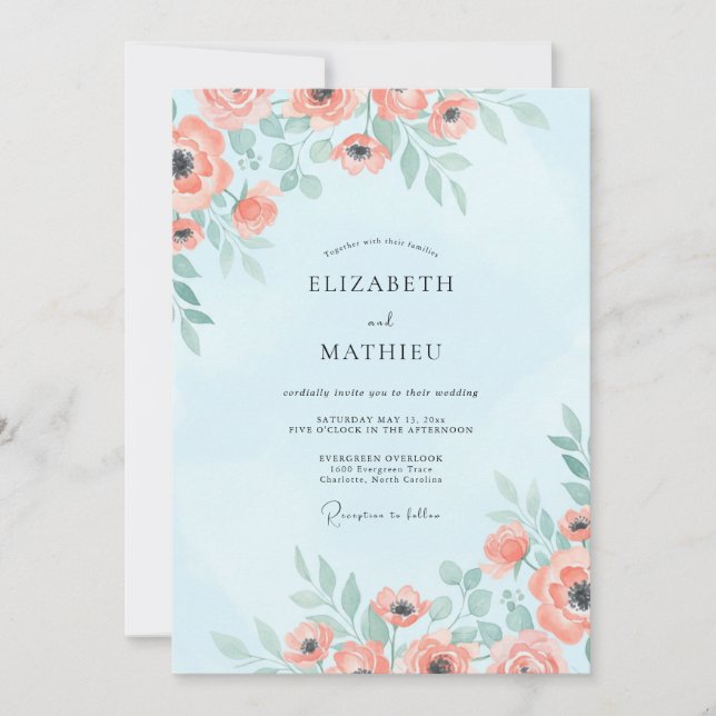 Convites Casamento Sky Coral Poppy (Frente)