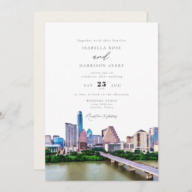 Convites Casamento Skyline Cidade de AUSTIN TEXAS (Frente/Verso)