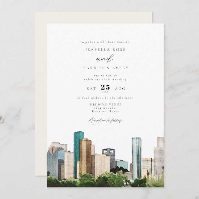 Convites Casamento Skyline da Cidade do Texas Watercolor Ho (Frente/Verso)