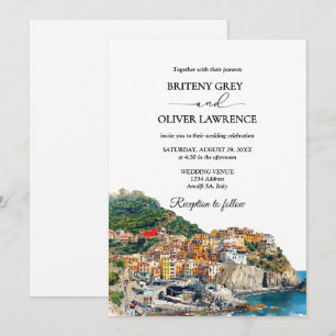 Convites Casamento Skyline Da Costa Amalfi Itália Watercolo