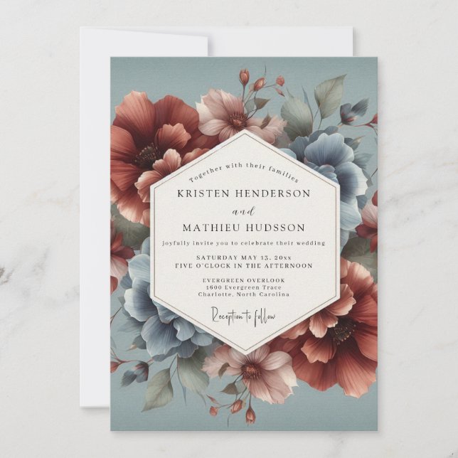 Convites Casamento Slate Blue Terra Bloom (Frente)