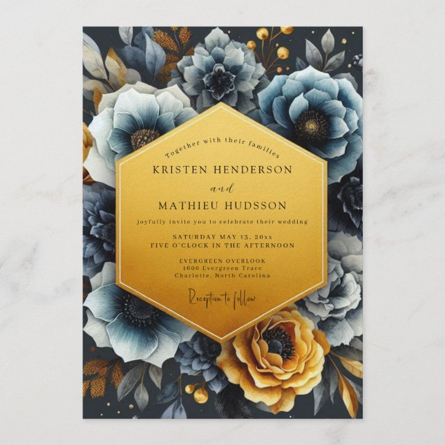 Convites Casamento Slate Gold Moody Bloom (Frente)
