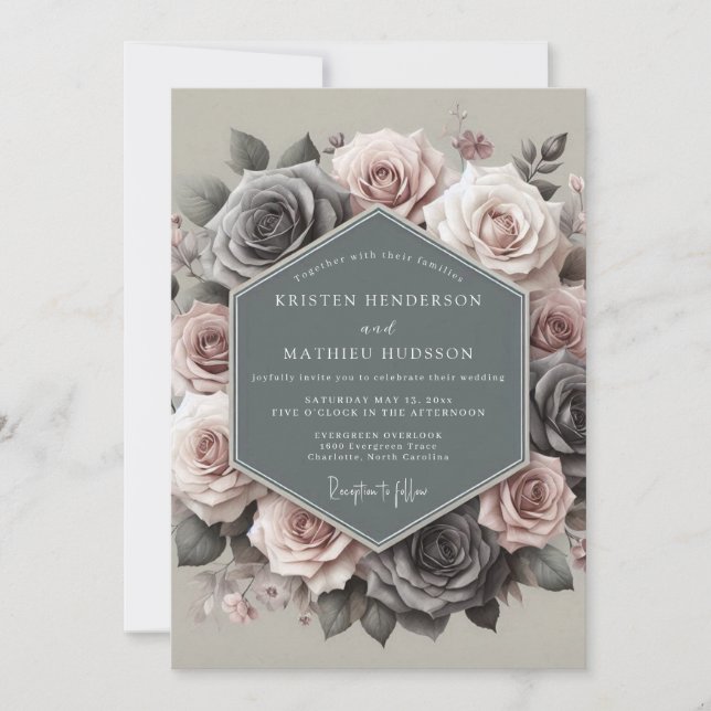 Convites Casamento Slate & Mauve Somber Rose (Frente)