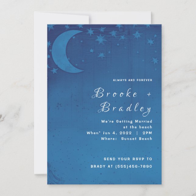 Convites Casamento sob o Céu Noturno com Lua Crescente Azul (Frente)
