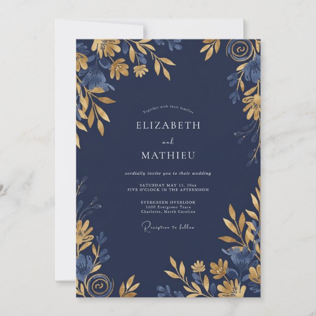 Convites Casamento Soberbo à Meia-Noite Azul-Marinho (Frente)