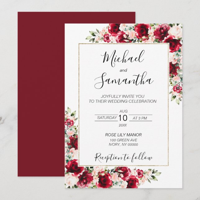 Convites Casamento Sofisticado com Rosas Vermelhas e Bege R (Frente/Verso)