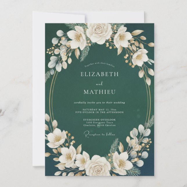 Convites Casamento Sofisticado de Inverno com Verde Florest (Frente)