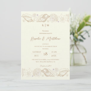 Convites Casamento Sofisticado Dourado Conchas e Marfim Cos