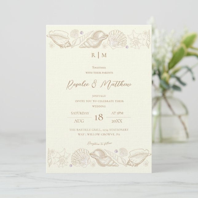 Convites Casamento Sofisticado Dourado Conchas e Marfim Cos (Em pé/Frente)