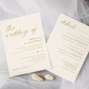 Convites Casamento Sofisticado Dourado Marfim Tudo em Um