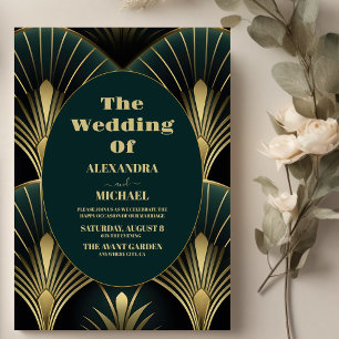 Convites Casamento sofisticado em Deco Verde e Dourado