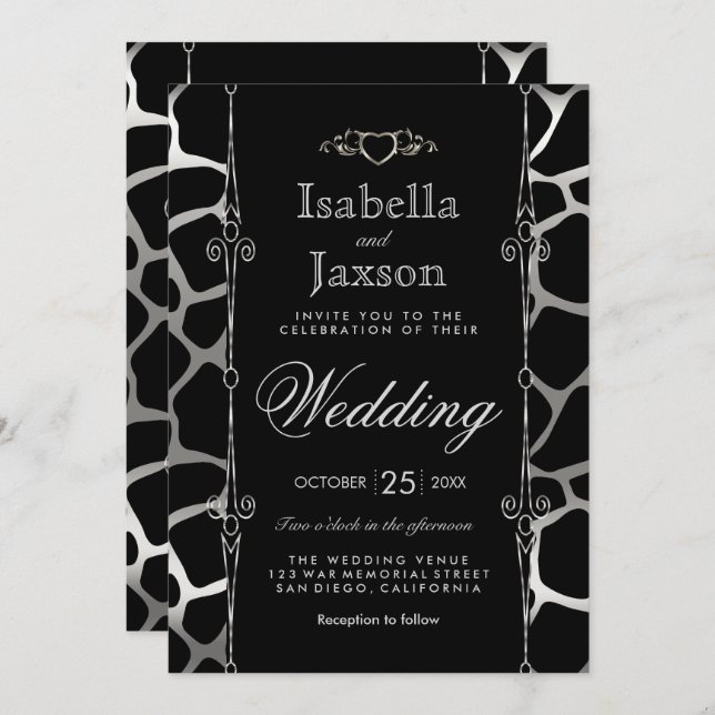 Convites Casamento Sofisticado em Estampa de Girafa Prata e (Frente/Verso)