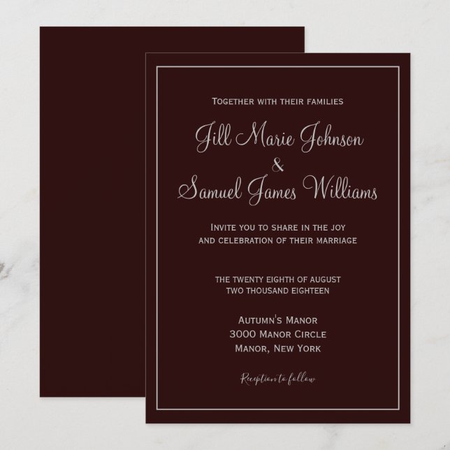 Convites Casamento Sofisticado em Plum e Cinza (Frente/Verso)