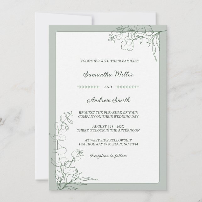 Convites Casamento sofisticado em verde sálvia (Frente)